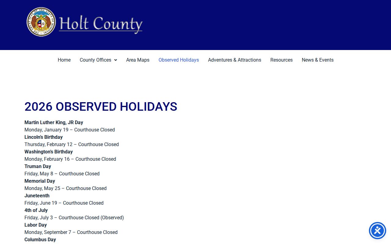 Holt County court docket courthouse holiday calendar