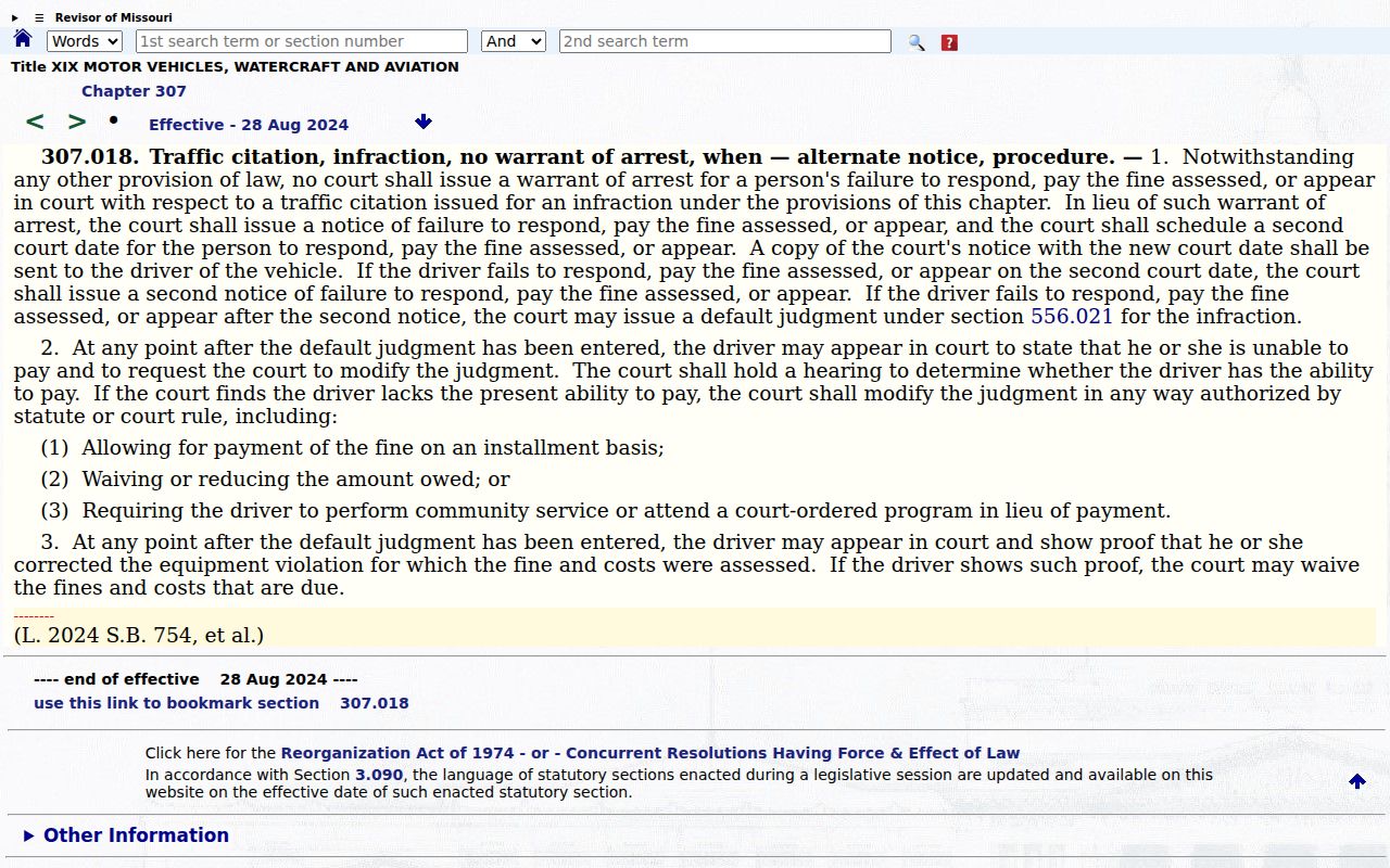 Holt County traffic court records and Missouri specified traffic infraction rule